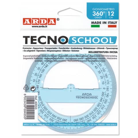 Goniometro ARDA Linea Tecnoschool polistirolo termoresistente azzurro trasparente 360° 12 cm – 405SS