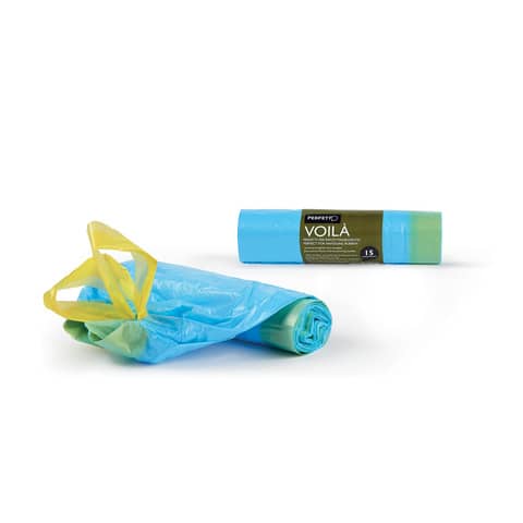 Sacchi immondizia per rifiuti inorganici Perfetto Voilà 30 L 50×60 cm – 18 µm azzurro – rotolo da 15 pezzi – 0359C