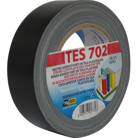 Nastro adesivo in tela Tes 702 SYROM formato 38 mm x 25 m – materiale tela plastificata nero – 1774