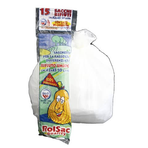 Sacchi immondizia biodegradabili per rifiuti organici Rolsac 10 L 42×45 cm – 16 µm bianco – rotolo da 15 pezzi -10130