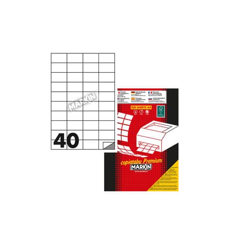 Etichette bianche MARKIN Copiatabu permanenti 52,5×29,7 mm senza margine 40 et./foglio – conf. 100 fogli – X210C513
