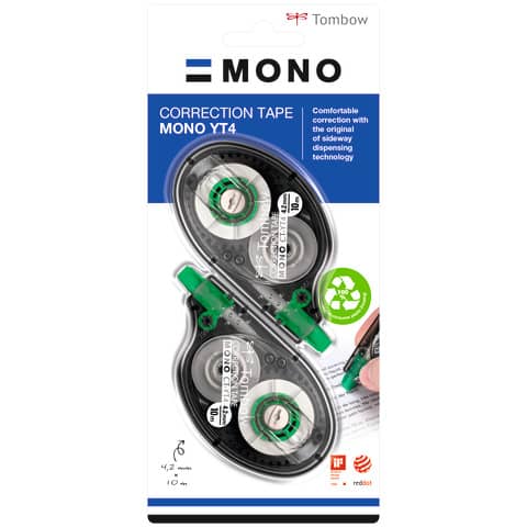 Correttore a nastro Tombow Mono Easy Write Tape – 4,2 mm x 10 m – blister 2 pz – PCT-YT4-2P
