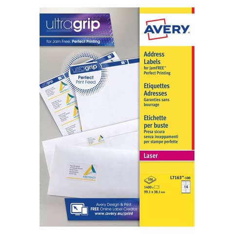 Etichette bianche per indirizzi AVERY Ultragrip™ 99,1×38,1 mm – 14 et/foglio – stampanti laser cf. 100 fogli L7163-100