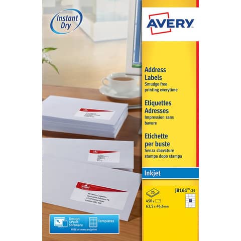 Etichette bianche per buste AVERY QuickDRY™ 63,5×46,6 mm – 18 et/foglio – stampanti inkjet – cf. 25 fogli J8161-25