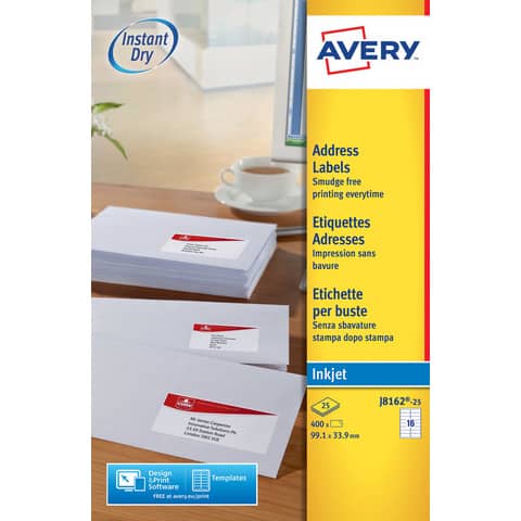 Etichette bianche per buste AVERY QuickDRY™ 99,1×33,9 mm – 16 et/foglio – stampanti inkjet – cf. 25 fogli J8162-25