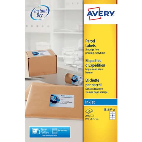 Etichette bianche per pacchi AVERY QuickDRY™ 99,1×67,7 mm – 8 et/foglio – stampanti inkjet – cf. 25 fogli J8165-25