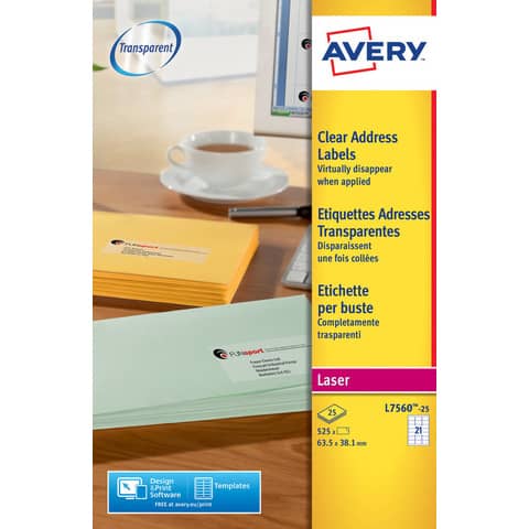 Etichette poliestere trasparenti lucide AVERY QuickPEEL™ 63,5×38,1 mm – 21 et/foglio – laser conf. 25 ff L7560-25