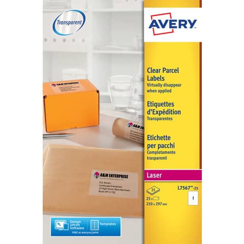 Etichette poliestere trasparenti lucide AVERY QuickPEEL™ 210×297 mm – 1 et/foglio – laser conf. 25 ff L7567-25
