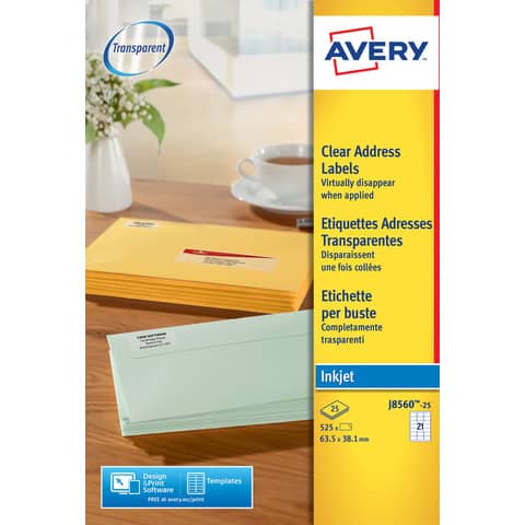 Etichette poliestere trasparenti opache AVERY QuickPEEL™ 63,5×38,1 mm – 21 et/foglio – inkjet conf. 25 ff J8560-25