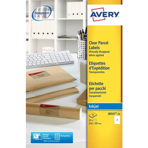 Etichette poliestere trasparenti opache AVERY QuickPEEL™ 210×297 mm – 1 et/foglio – inkjet conf. 25 ff J8567-25