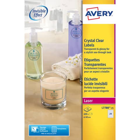 Etichette poliestere trasparenti lucide AVERY QuickPEEL™ tonde Ø 40 mm – 24 et/foglio – laser conf. 25 ff L7780-25