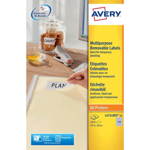 Etichette bianche rimovibili AVERY 25,4×10 mm –  189 et/foglio – stampanti laser/inkjet Conf. 25 fogli L4731REV-25