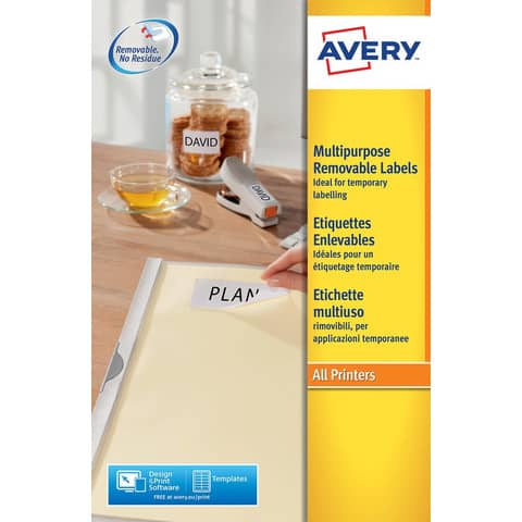 Etichette bianche rimovibili AVERY 210×297 mm – 1 et/foglio – stampanti laser/inkjet Conf. 25 fogli L4735REV-25