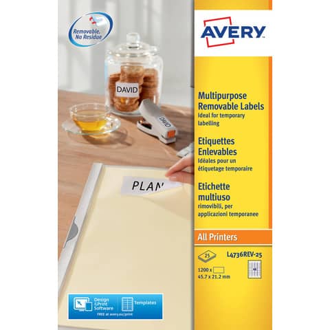 Etichette bianche rimovibili AVERY 45,7×21,2 mm – 48 et/foglio – stampanti laser/inkjet Conf. 25 fogli L4736REV-25