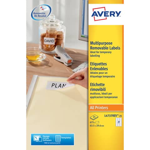 Etichette bianche rimovibili AVERY 63,5×29,6 mm – 27 et/foglio – stampanti laser/inkjet Conf. 25 fogli L4737REV-25