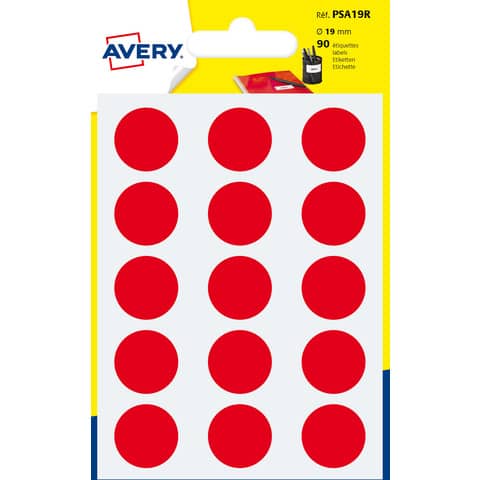 Etichette rotonde colorate AVERY rosso Ø 19 mm – 15 et/foglio – scrivibili a mano – bustina da 6 fogli – PSA19R