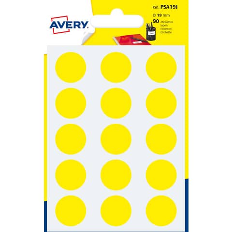 Etichette rotonde colorate AVERY giallo Ø 19 mm – 15 et/foglio – scrivibili a mano – bustina da 6 fogli – PSA19J