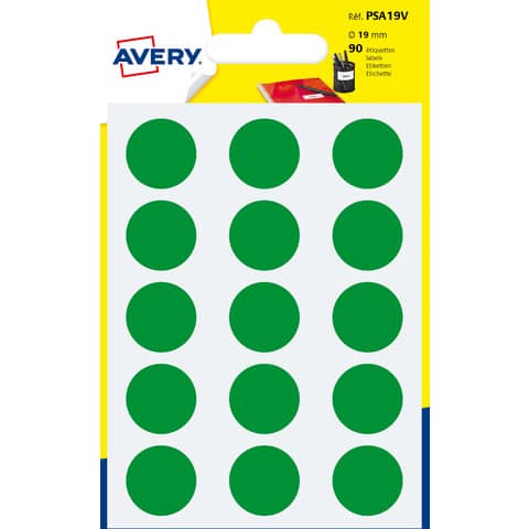 Etichette rotonde colorate AVERY verde Ø 19 mm – 15 et/foglio – scrivibili a mano – bustina da 6 fogli – PSA19V