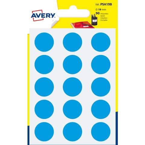 Etichette rotonde colorate AVERY blu Ø 19 mm – 15 et/foglio – scrivibili a mano – bustina da 6 fogli – PSA19B