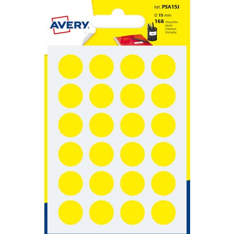 Etichette rotonde colorate AVERY giallo Ø 15 mm – 24 et/foglio – scrivibili a mano – bustina da 7 fogli – PSA15J