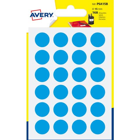 Etichette rotonde colorate AVERY blu Ø 15 mm – 24 et/foglio – scrivibili a mano – bustina da 7 fogli – PSA15B