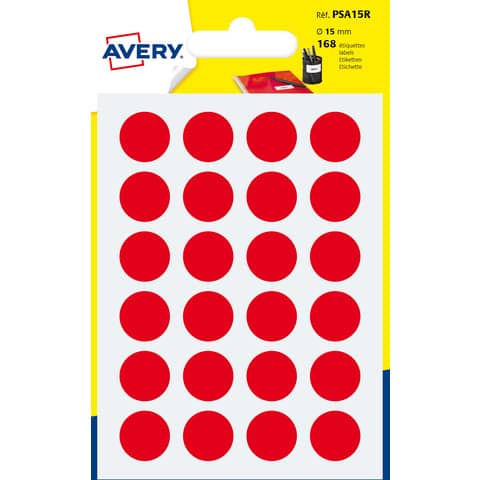 Etichette rotonde colorate AVERY rosso Ø 15 mm – 24 et/foglio – scrivibili a mano – bustina da 7 fogli – PSA15R