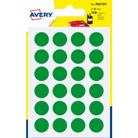 Etichette rotonde colorate AVERY verde Ø 15 mm – 24 et/foglio – scrivibili a mano – bustina da 7 fogli – PSA15V