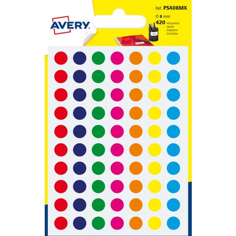 Etichette rotonde colorate AVERY colori assortiti Ø 8 mm – 70 et/foglio – scrivibili a mano Conf.  6 fogli PSA08MX
