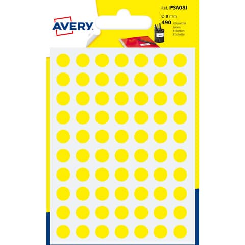 Etichette rotonde colorate AVERY giallo Ø 8 mm – 70 et/foglio – scrivibili a mano – bustina da 7 fogli – PSA08J