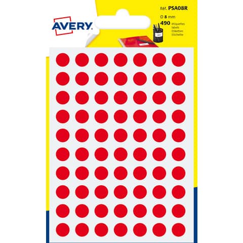 Etichette rotonde colorate AVERY rosso Ø 8 mm – 70 et/foglio – scrivibili a mano – bustina da 7 fogli – PSA08R