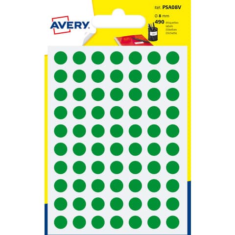 Etichette rotonde colorate AVERY verde Ø 8 mm – 70 et/foglio – scrivibili a mano – bustina da 7 fogli – PSA08V