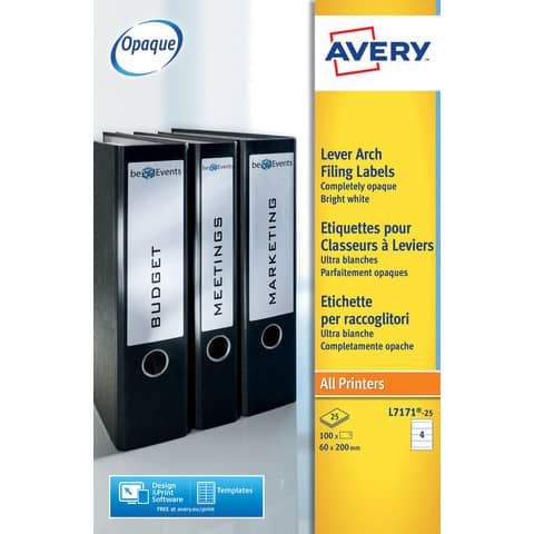 Etichette bianche per raccoglitori Avery Ultragrip™ 60×200 mm – 4 et/foglio – stampanti laser – Conf 25 fogli L7171-25