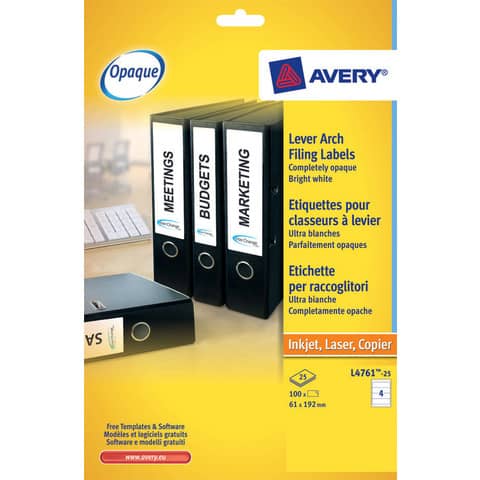 Etichette bianche per raccoglitori Avery Ultragrip™ 61×192 mm – 4 et/foglio – stampanti laser – Conf 25 fogli L4761-25