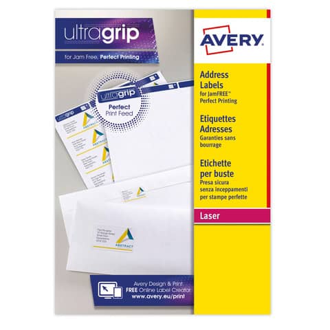 Etichette bianche per indirizzi AVERY Ultragrip™ 38,1×21,2 mm – 65 et/foglio – stampanti laser conf. 25 fogli L7651-25