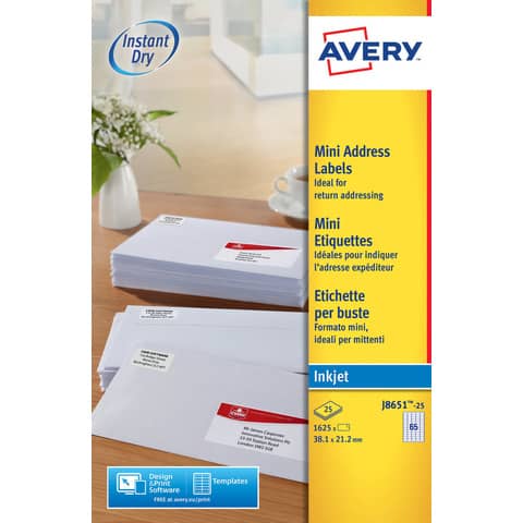 Etichette bianche per buste AVERY QuickDRY™ 38,1×21,2 mm – 65 et/foglio – stampanti inkjet – cf. 25 fogli J8651-25