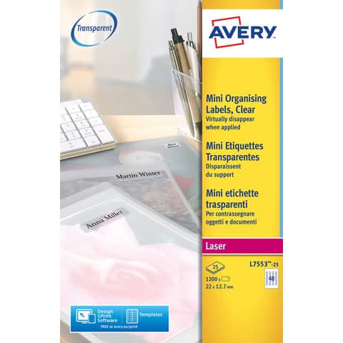Etichette poliestere trasparenti lucide AVERY QuickPEEL™ 22×12,7 mm – 48 et/foglio – laser conf. 25 ff L7553-25