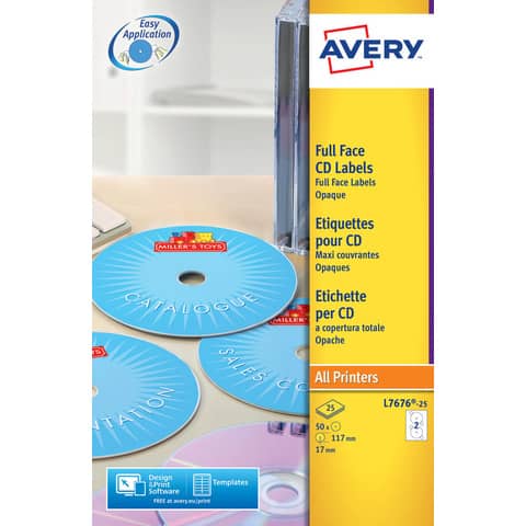 Etichette per CD AVERY finitura coprente Ø 117 mm – 2 et/foglio – per Laser – bianche – conf. 25 fogli – L7676-25