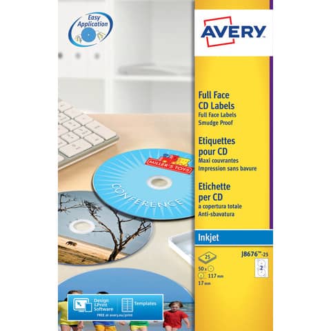 Etichette per CD AVERY patinate opache Ø 117 mm – 2 et/foglio – per Inkjet – copertura totale – cf. 25 fogli J8676-25