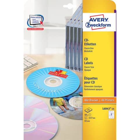 Etichette per CD AVERY finitura coprente a foro largo – Ø 117 mm – 2 et/foglio – per Laser – conf. 25 fogli – L6043-25