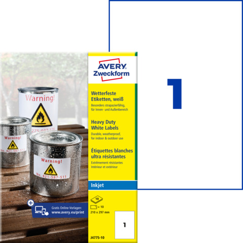 Etichette permanenti poliestere bianche Avery 210×297 mm – 1 et/foglio – stampanti inkjet – cf. 10 fogli J4775-10