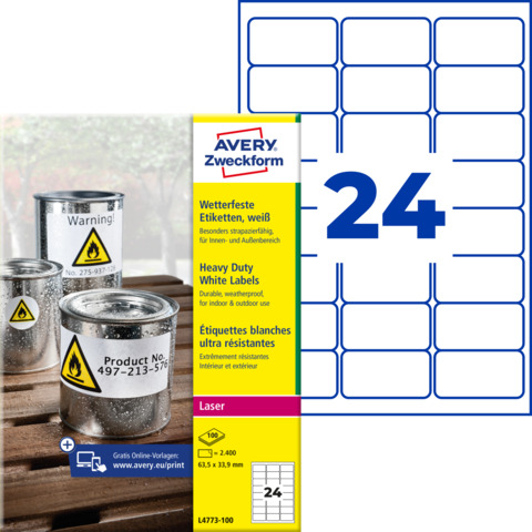 Etichette permanenti poliestere bianche Avery 63,5×33,9 mm – 24 et/foglio – stampanti laser cf. 100 fogli L4773-100