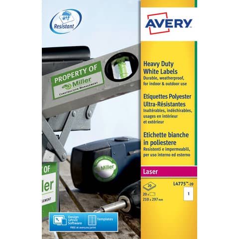 Etichette permanenti poliestere bianche Avery 210×297 mm – 1 et/foglio – stampanti laser – cf. 20 fogli L4775-20