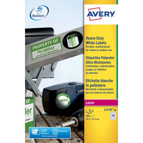 Etichette permanenti poliestere bianche Avery 45,7×21,2 mm – 48 et/foglio – stampanti laser – cf. 20 fogli L4778-20
