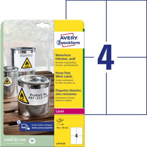 Etichette permanenti poliestere bianche Avery 105×148 mm – 4 et/foglio – stampanti laser – cf. 20 fogli L4719-20