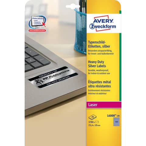 Etichette permanenti poliestere argento Avery 25,4×10 mm – 189 et/foglio – laser monocolore – conf. 20 ff L6008-20