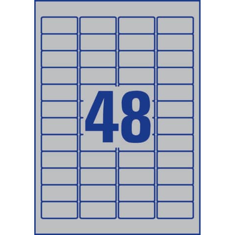 Etichette permanenti poliestere argento Avery 45,7×21,2 mm – 48 et/foglio – laser monocolore conf. 100 ff L6009-100