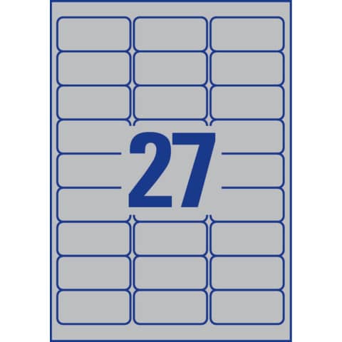 Etichette permanenti poliestere argento Avery 63,5×29,6 mm – 27 et/foglio – laser monocolore conf. 100 ff L6011-100
