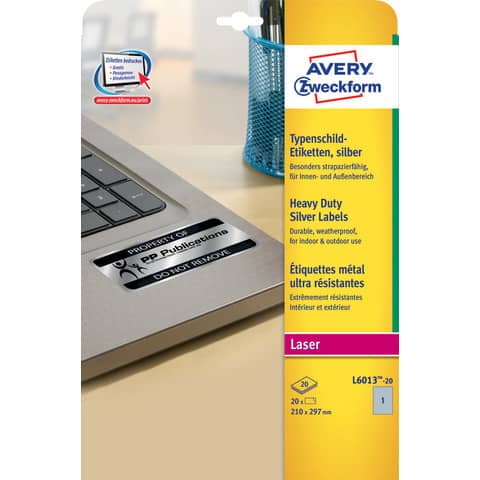 Etichette permanenti poliestere argento Avery 210×297 mm – 1 et/foglio – laser monocolore – conf. 20 ff L6013-20
