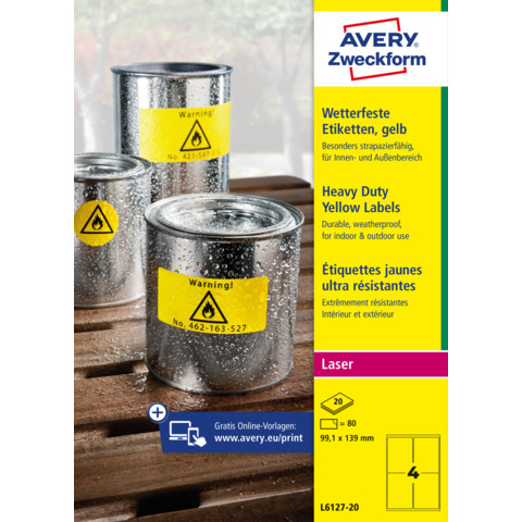 Etichette permanenti poliestere giallo Avery 99,1×139 mm – 4 et/foglio – per stampanti laser – cf. 20 fogli L6127-20