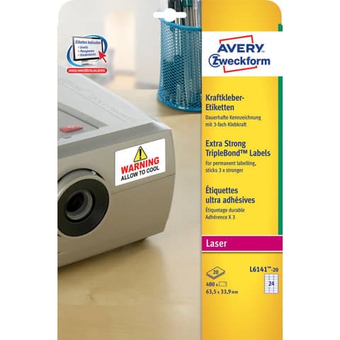 Etichette bianche superaderenti Avery poliestere 63,5×33,9 mm – 24 et/foglio – per laser – conf. 20 fogli – L6141-20